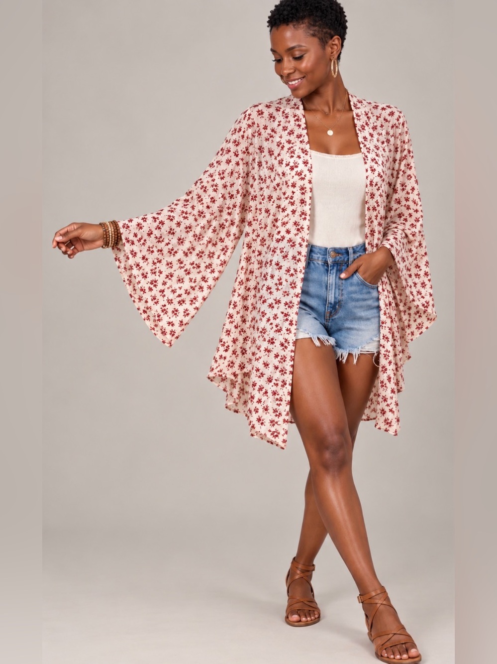 Blu Moon Lightweight Floral Kimono Cover-Up W Delicate Red Floral Pattern - S
